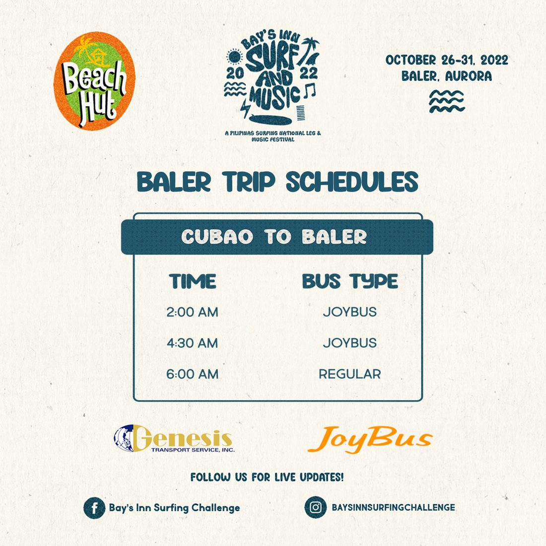Bay's Inn Surf & Music Festival trip schedule graphic